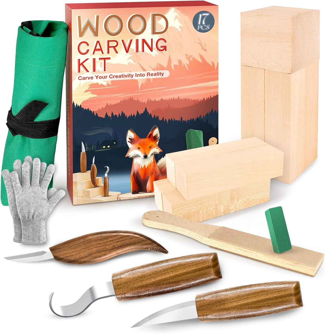 Wood Carving Kit, Whittling Kit for Beginners 17PCS Wood Carving Tools with 3PCS Whittling Knife 9PCS Basswood Blocks & Gloves & Strop Block & Polishing Compound Wood Carving Set Hobbies for Adults